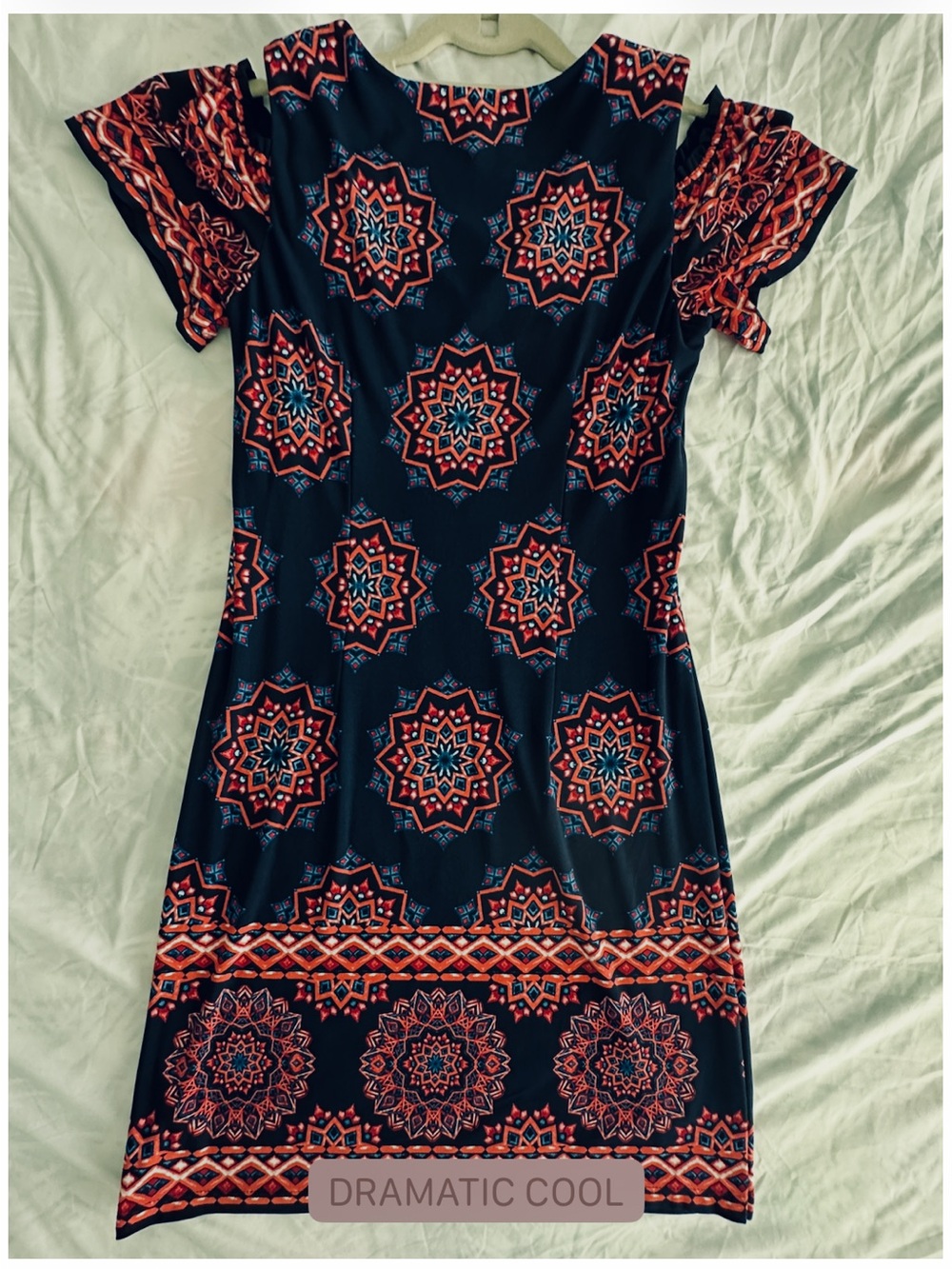 WHBM Cold Shoulder Navy Shift Dress with Pink & Blue Mandala Print